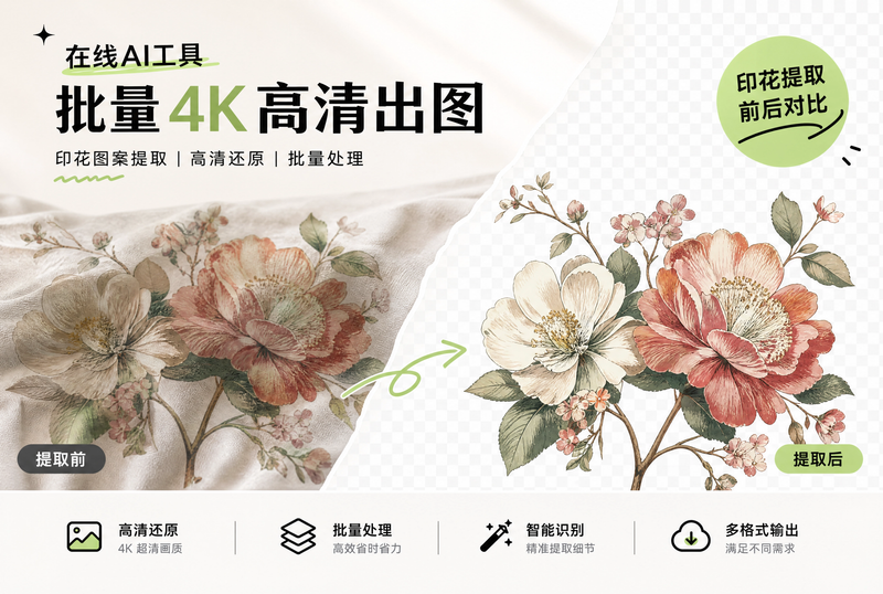 别再手动提取印花了，这个在线AI工具，批量 4K 高清出图。