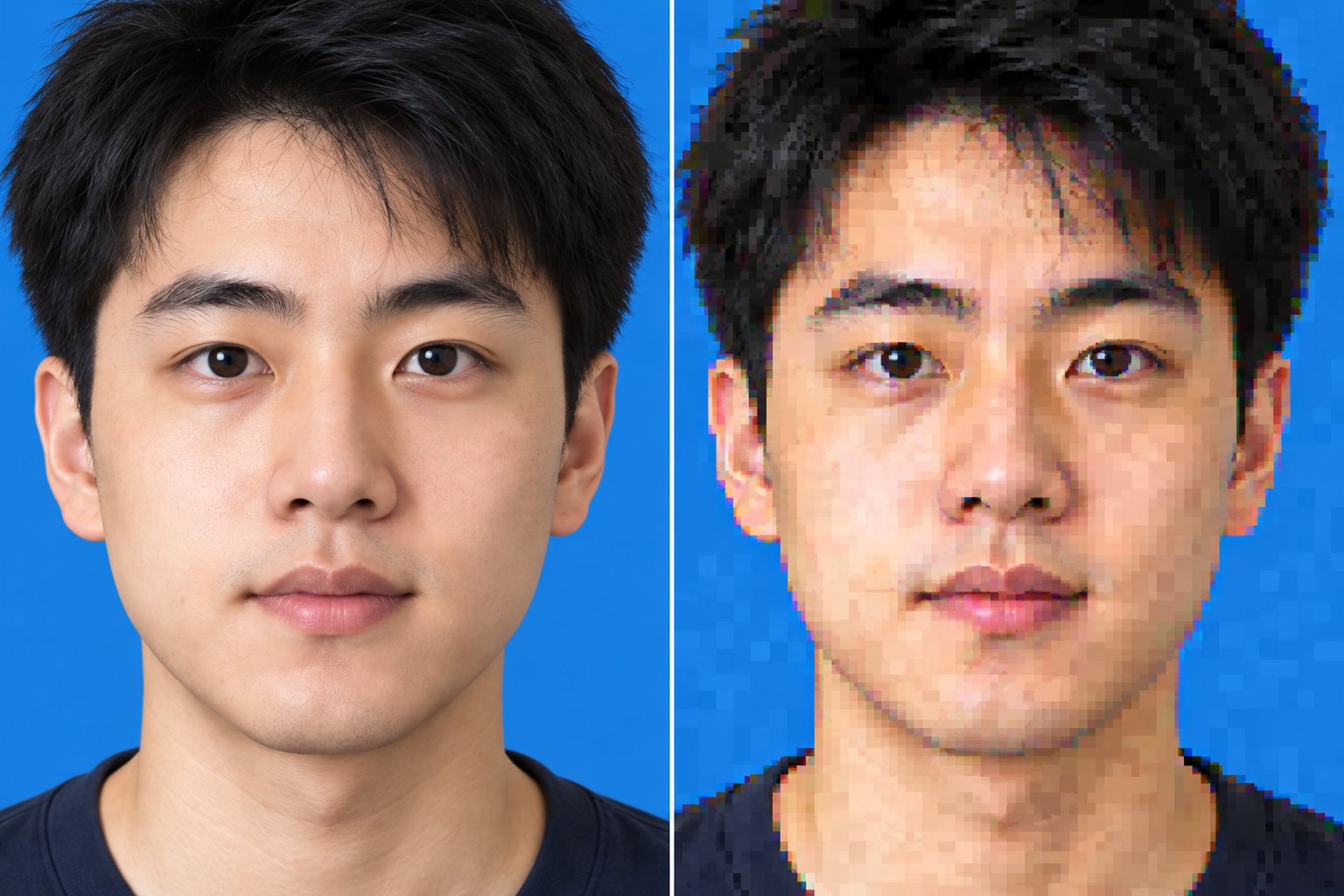 同一张证件照局部放大对比：左边清晰，右边压缩过度出现色块
