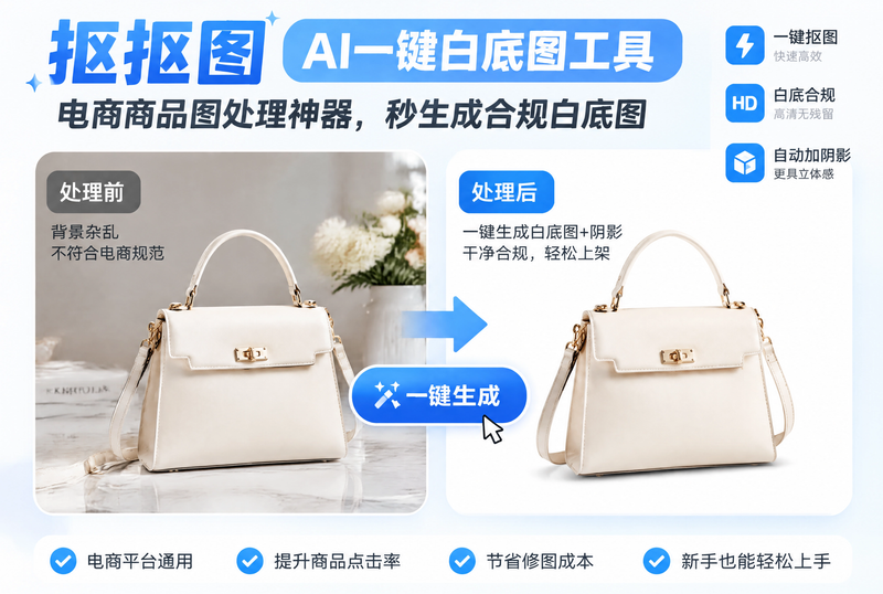 抠抠图AI一键白底图工具：电商商品图处理神器，秒生成合规白底图