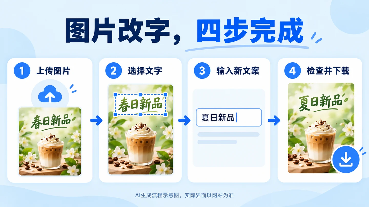 图片无痕改字四步流程:上传图片、选择文字、输入新文案、检查并下载